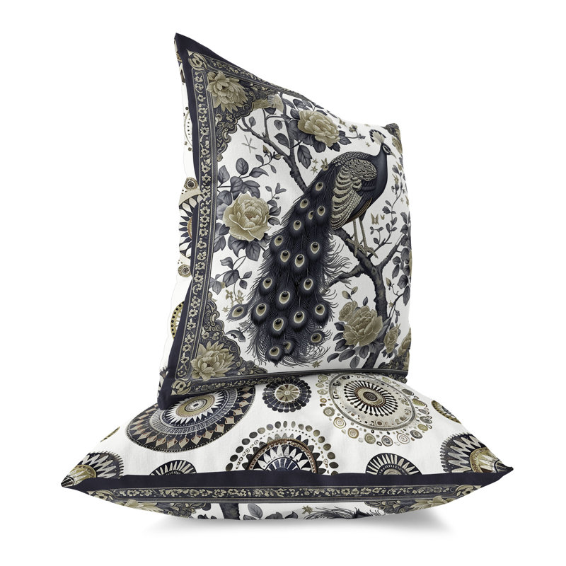 Coussin Peacock Mandala, H 20 po x l 20 po, Gris / Crème