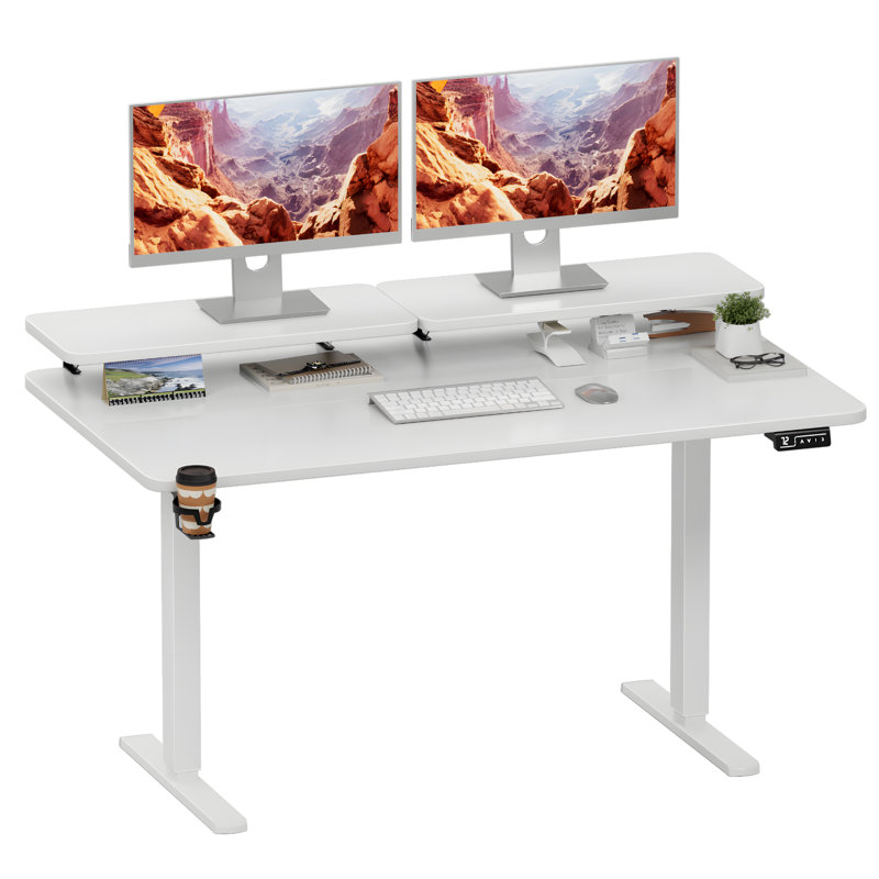 Kreutzer Height Adjustable Standing Desk with Monitor Stand, White/White, 28.7" H x 55.11" W x 23.62" D