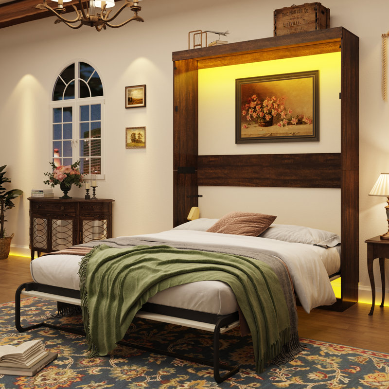 Queen Size Murphy Wall Bed With LED Lights, No Box Spring Needed, For Home Office, Brown/White