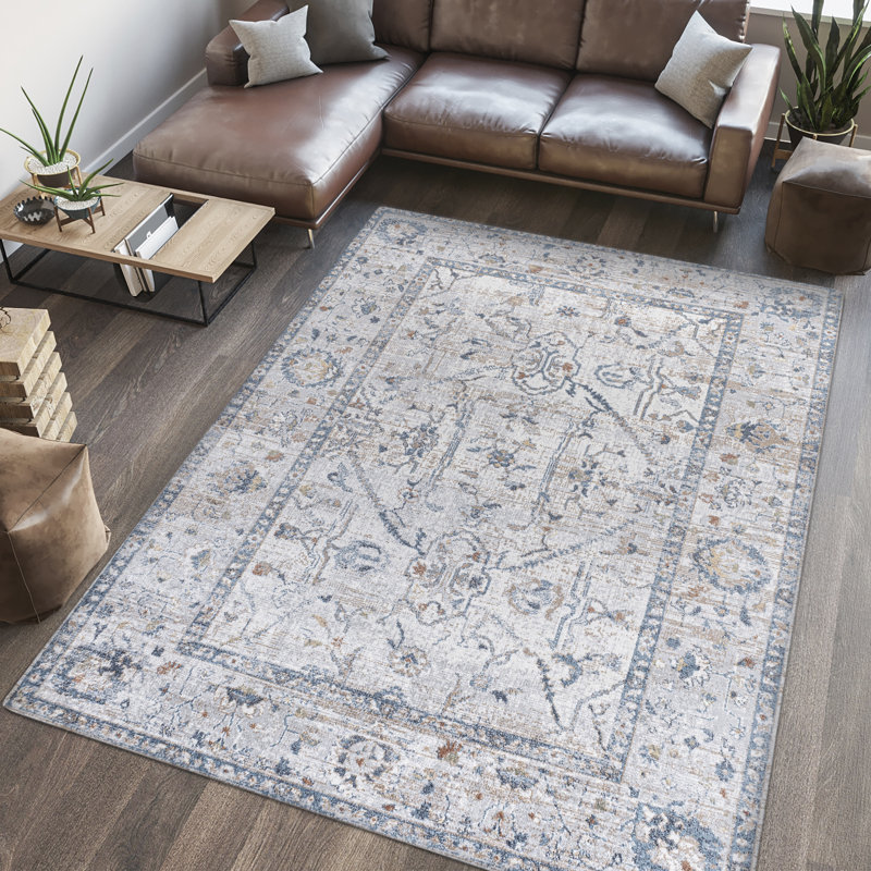 Brandy Rustic Border Low-Pile Machine-Washable Light Gray/Blue Rug, Rectangle 4' x 6'