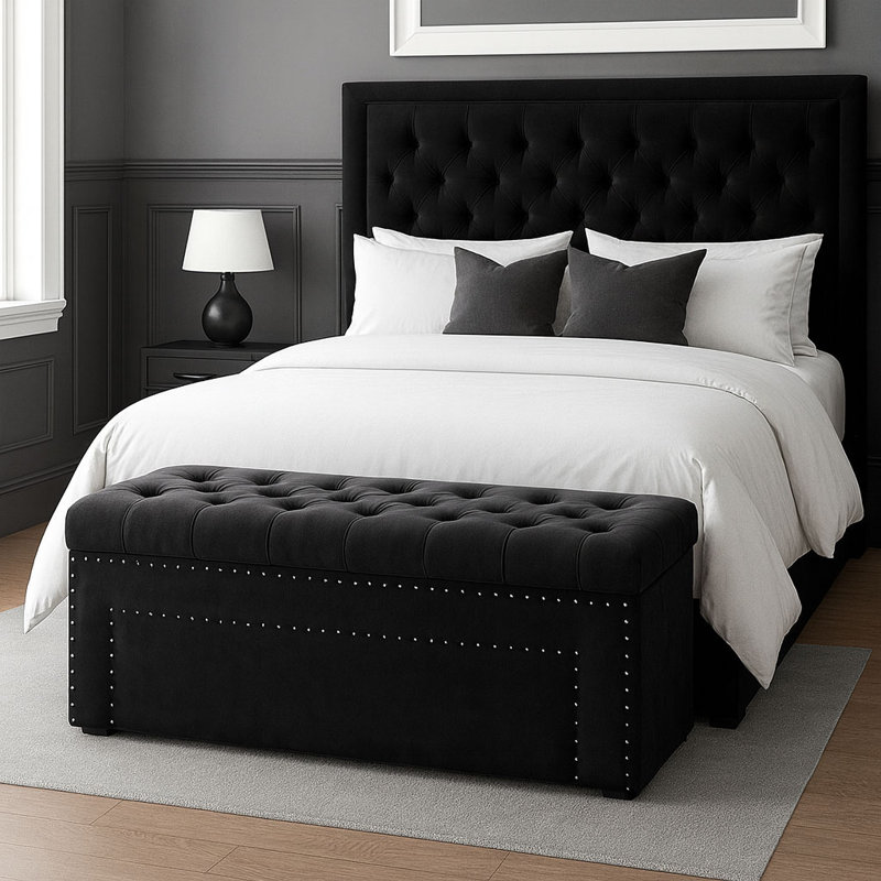 Duke Ottoman Storage Box - Chesterfield Upholstered Blanket Box - Plush Velvet Ottoman Bench with Storage, Black