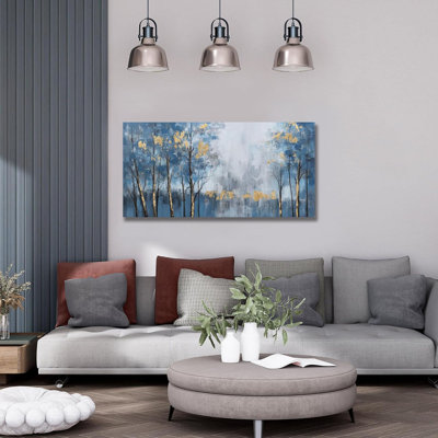 Arbre, art mural bleu et or, toile, paysage, décoration murale pour le salon, salle à manger, bureau à domicile, œuvre d'art 24 x 48