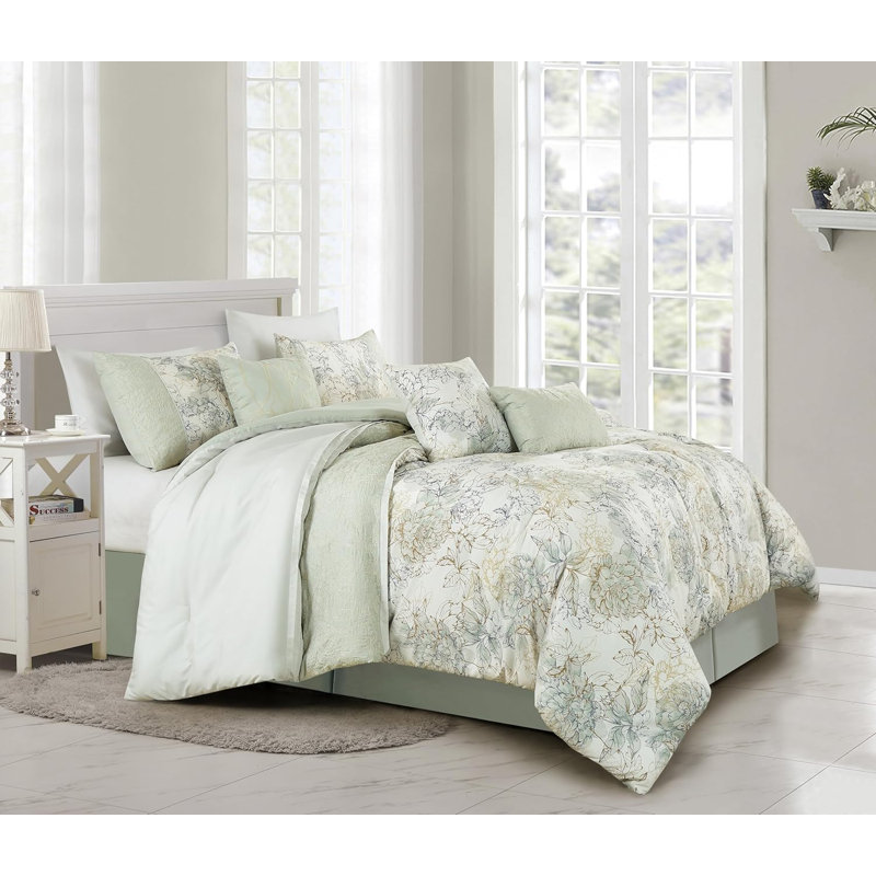 Allery Floral Botanical Embroidered Comforter Set, Brown/Gray/Soft Green, California King Comforter  + 6 Additional Pieces
