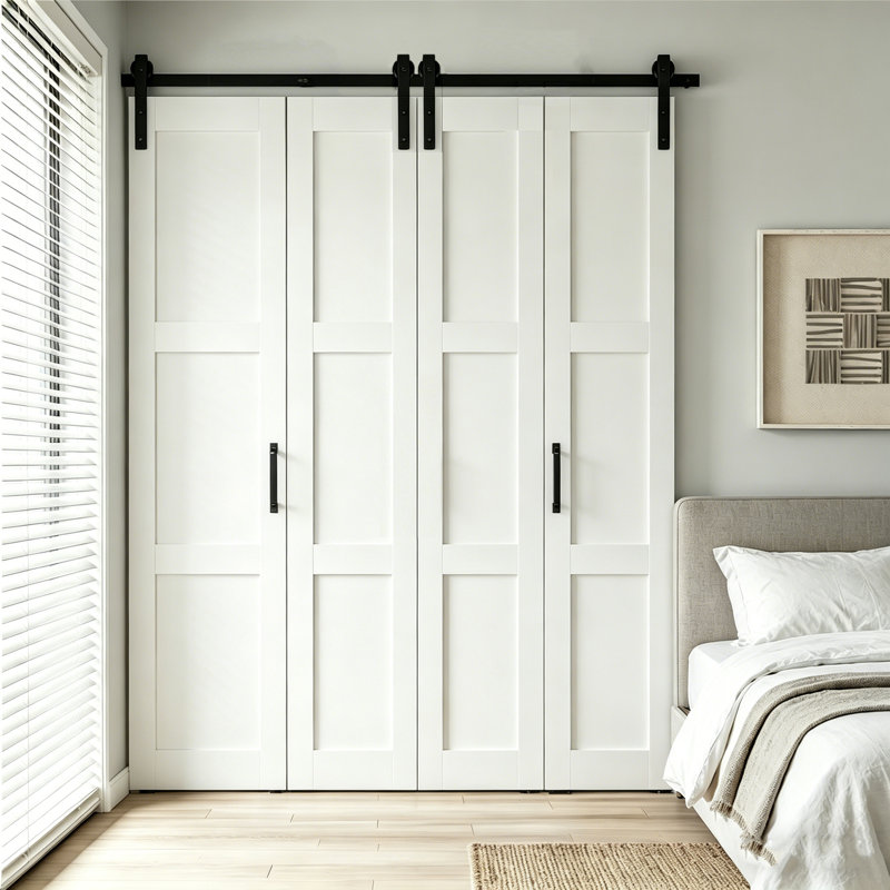 CHIC Mode Doors Porte de grange double pliante en panneau de fibres à densité moyenne à 3 panneaux 48 pouces x 84 pouces avec quincaillerie