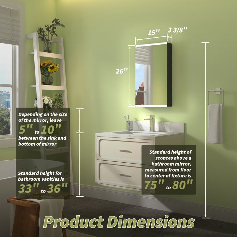 Surface Mount Frameless LED Medicine Cabinet with Mirror and 2 Adjustable Shelves, Left, 26" H x 15" W x 4.25" D