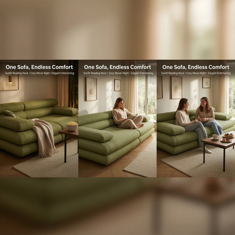 120'' W Compressed Boneless 3-Seat Sofa, Beige