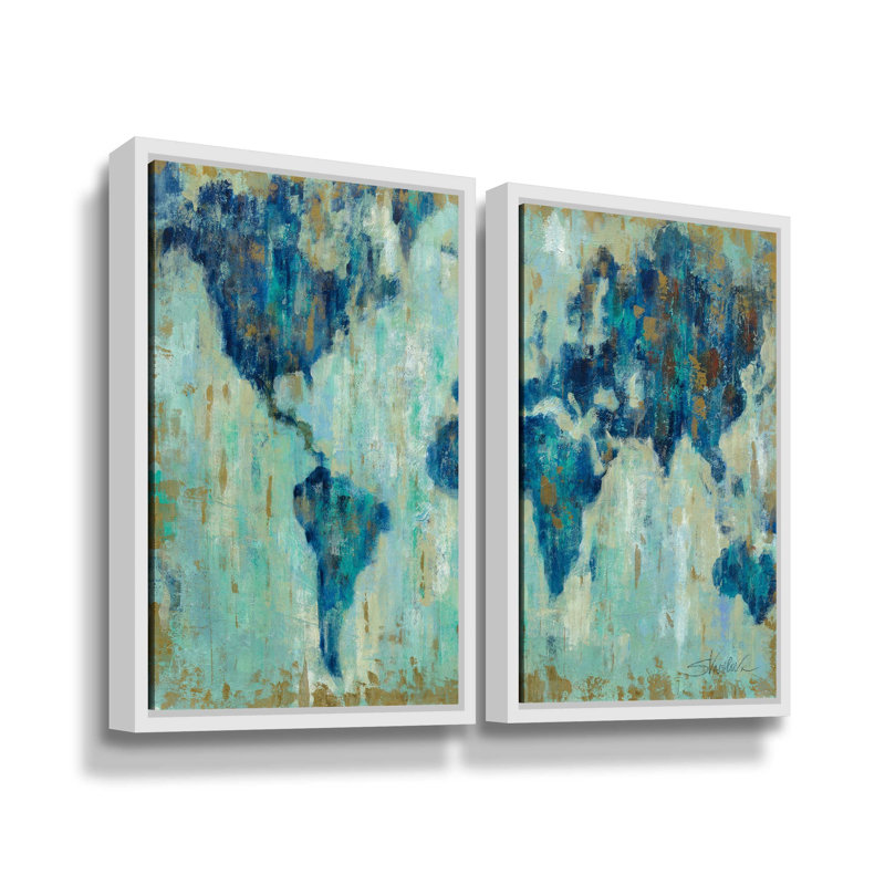 Map of the World by Silvia Vassileva 2 Piece Print Set on Canvas, 24" H x 18" W x 2" D, White Floater Frame