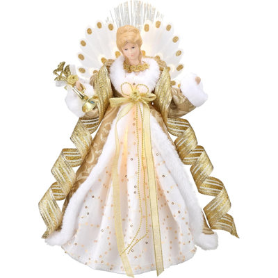  Lighted Christmas Tree Topper Angel with Timer, 16 Inch Luxury White Gold Fabric Small Angel Tree Topper with Lights for Christmas Tree Decor Indoor, Battery Operated, Valentines Gift