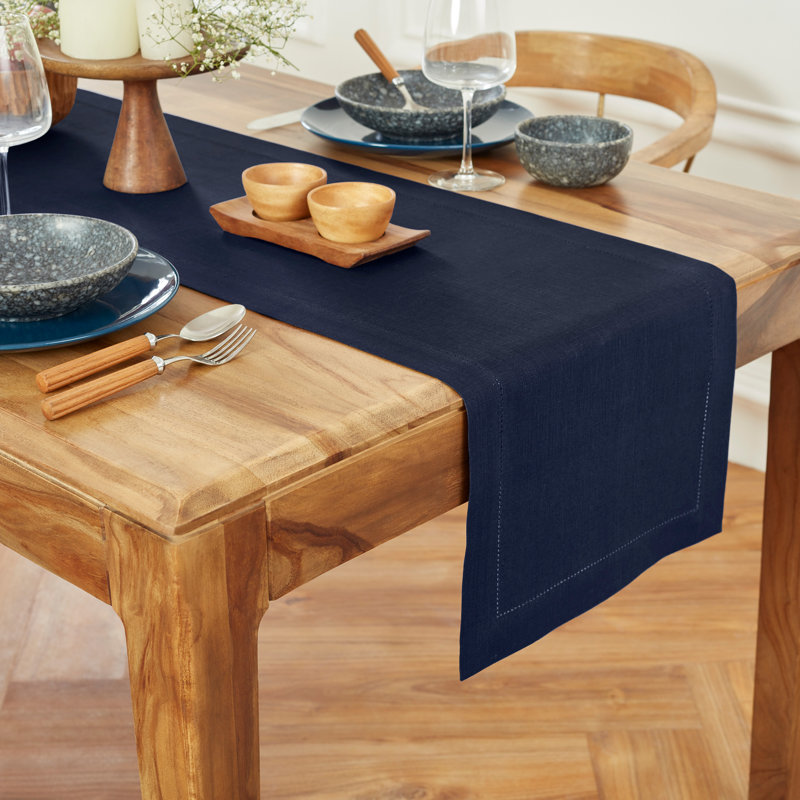 Medium Weight Hemstitch - 100% Pure Linen Table Runner, Navy, 90" x 14"