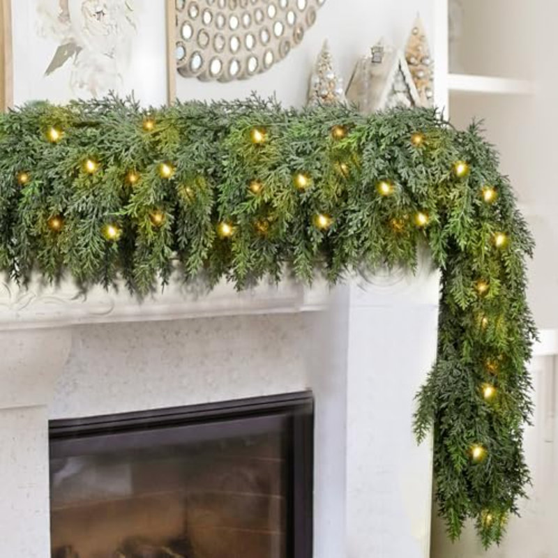 6FT Cedar Christmas Garland with Light, Extra Full Artificial Cedar Garland with 840 Tips, LED Lights with 8 Modes, Holiday Garland for Mantel, Staircase, Doorway