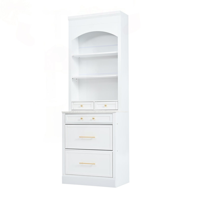 Garde-manger de 83,7 po de hauteur avec plateau en faux marbre et tiroirs, Blanc, Doré