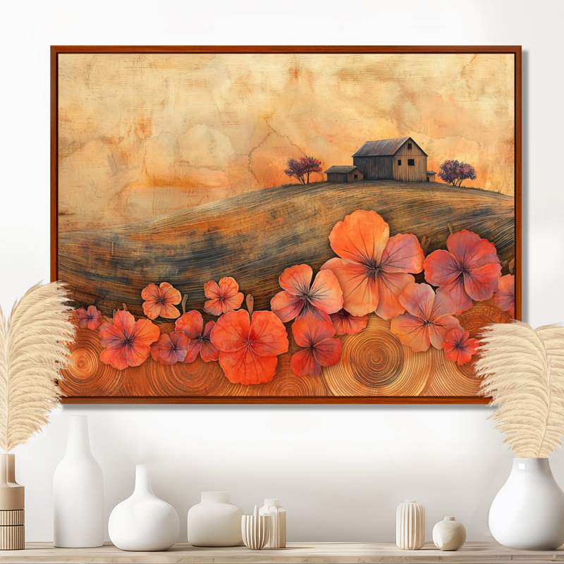 Fleurs de géraniums à la grange II - décoration murale géraniums, H 30 po x l 40 po, Brun, Cadre flottant