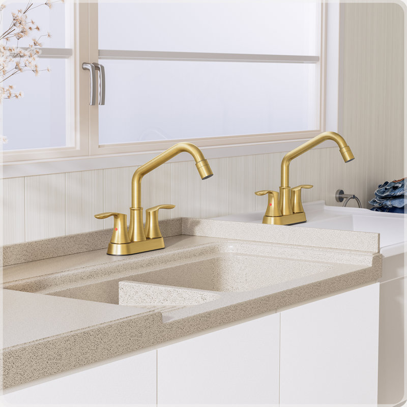 Robinet de lavabo utilitaire doré à 3 trous, robinet de lavabo avec douchette extractible, robinet de salle de bain moderne à deux poignées à bec long, buanderie de 4 pouces
