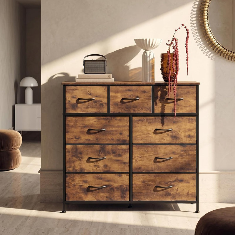 Commode 9 tiroirs Rustic Brown - Rangement en tissu avec plateau en bois