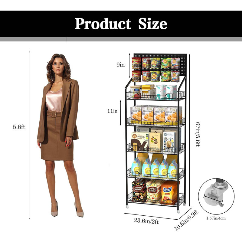 5 Tier Snack Candy Potato Chip Display Rack Stand with Wheels & Hooks