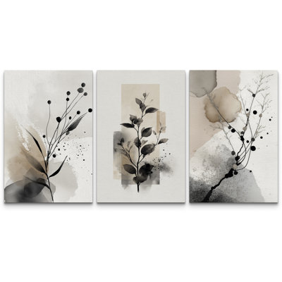 Illustration de branche botanique minimaliste, images de nature florales abstraites neutres, impression sur toile encadrée, 3 pièces