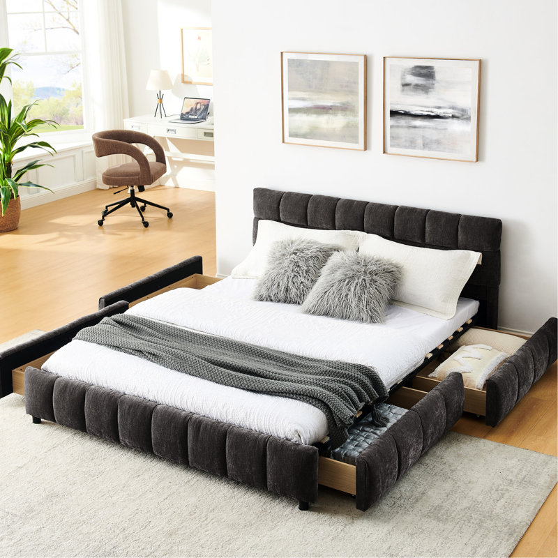 Grand lit tapissier gris foncé avec tissu doux et rangement - zone de détente avec tiroir confortable