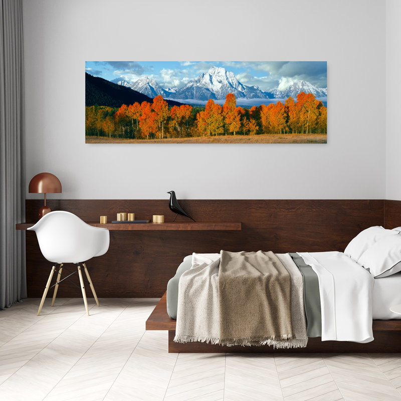 Trees In A Forest With Snowcapped Mountain Range In The Background Teton Range Oxbow Bend Grand Teton National Park Wyoming USA by Leo L. Larson - Wrapped Canvas Panoramic Print