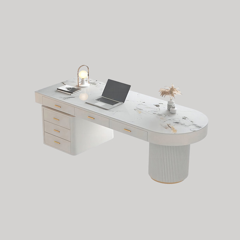 Bureau blanc en demi-cercle fritté en pierre, 5 tiroirs, H 29,53 po x l 62,99 po x P 27,56 po