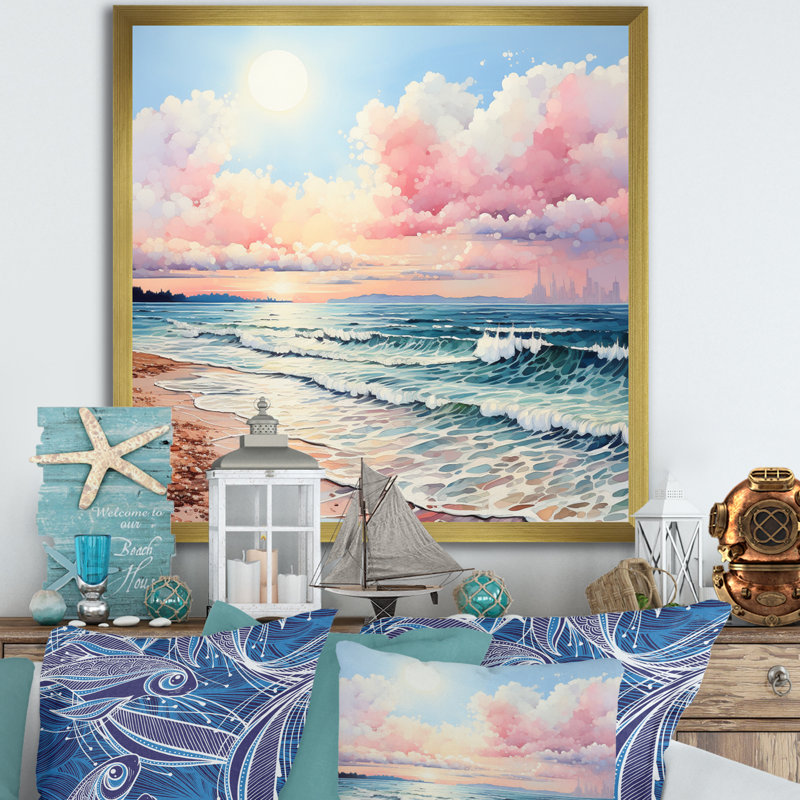 Brise de plage rose - décor d'art mural sable de plage, H 16 po x l 16 po x P 1 po, Cadre doré simple