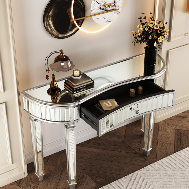 Meuble-lavabo à miroir demi-lune de 47 po avec tiroir en verre cannelé et poignées en cristal, gris et argent, pieds, -, console multi-usage et tiroir d'entrée argenté pour chambre à coucher / vestiaire, style Mid-Century