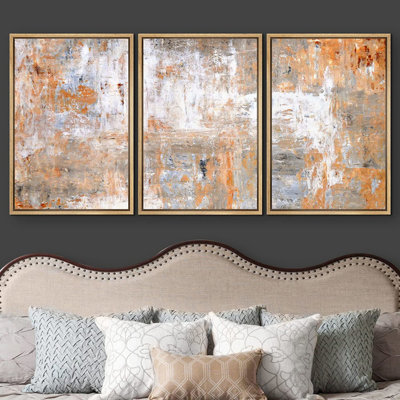 Triptych Abstract Orange Grunge Brushstrokes 3 Pieces Artwork Print Living Room Canvas Wall Art
