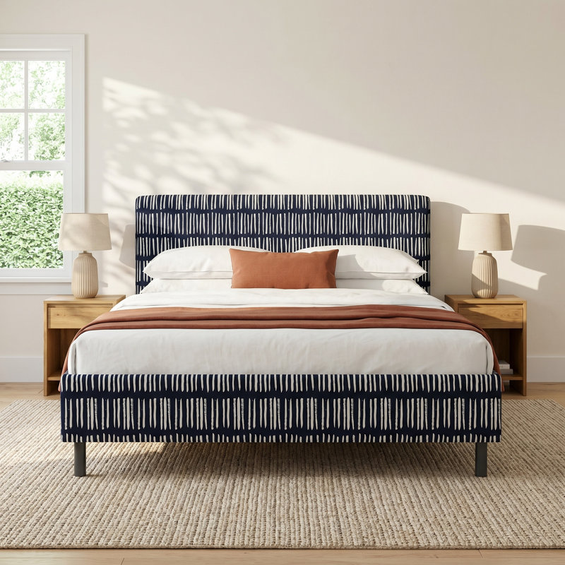 Lazlo Upholstered Platform Bed, California King, Dash Navy, Striped