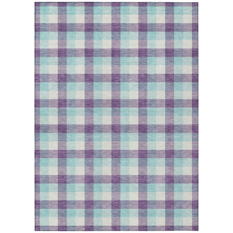 Purple and Aqua Plaid Washable Synthetic Area Rug