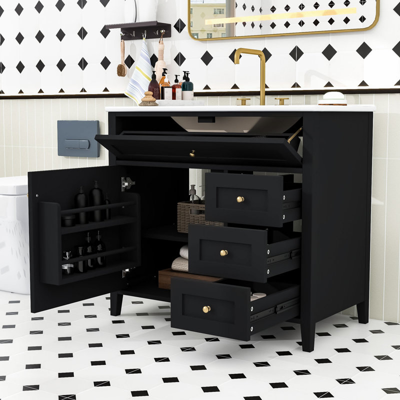 Meuble-lavabo en bois avec lavabo, 3 tiroirs, tablette et portes, Black, 36"