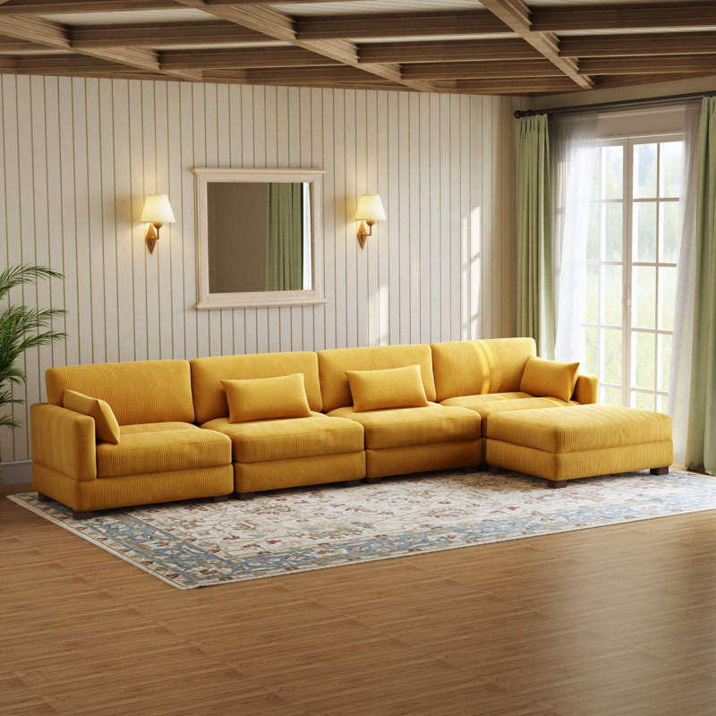 Maelina 5 - Piece Upholstered Orange Corduroy Modular Sectional Sofa with Pillow Back and Removable Ottoman, Orange Corduroy