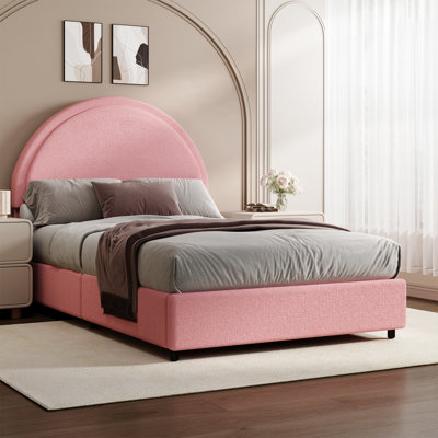 Boucle Upholstered Platform Bed Frame, Soft Bed Frame with Round Headboard, No Box Spring Required