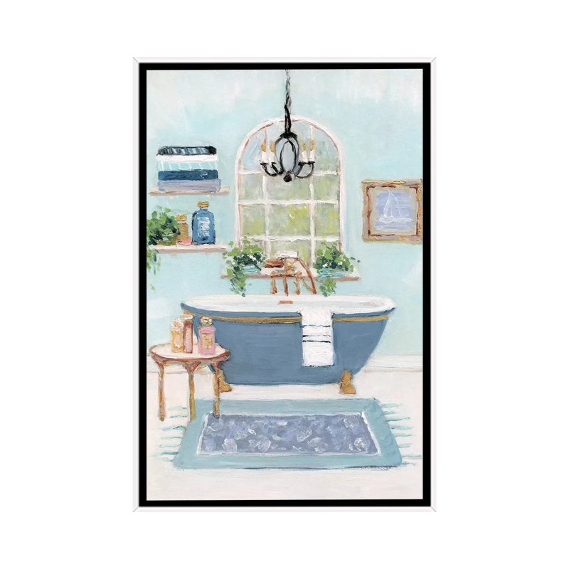 «Blue Bath I» par Sally Swatland - reproduction d'art, Toile blanche encadrée, Pas de tapis, H 40 po x l 26 po x P 1,5 po