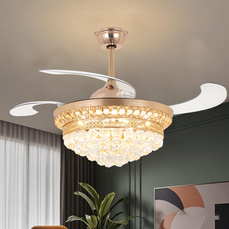 Ventilateur à télécommande 42 pouces en cristal doré français avec cinq couches de cristal de luxe + ventilateur silencieux à six vitesses