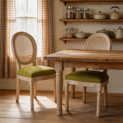 Ensemble de 2 chaises de salle à manger en bois et en vert et en rotin de style champêtre français, chaises d'appoint rembourrées à dossier rond en bois massif, assemblage facile pour la cuisine, le salon et le restaurant