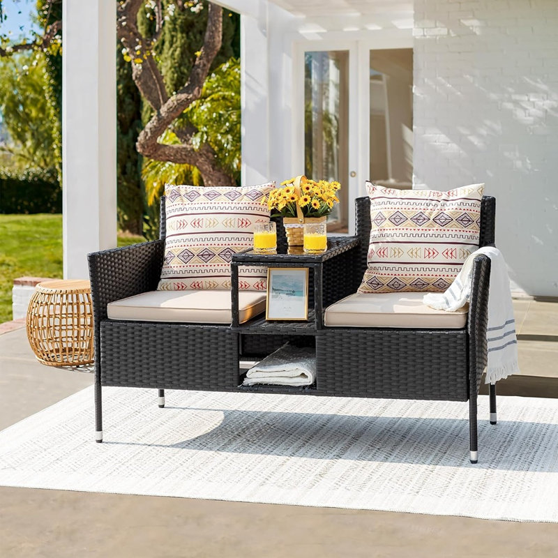 Causeuse d'extérieur moderne en rotin 2 places avec conversation et coussins et table basse intégrée pour la cour de jardin (beige)