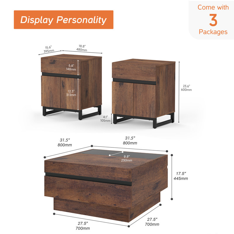 Aadam  3 Pieces Living Room Table Set, Modern Coffee Table With Tempered Glass Top, Modern End Table With 1 Drawer & 1 Storage Cabinet For Living Room