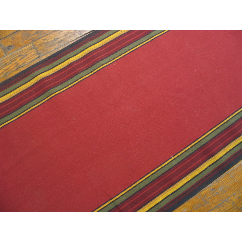 Red Field Stripped Border Vintage Mid Century American Extra Long Hallway Runner Rag Rug