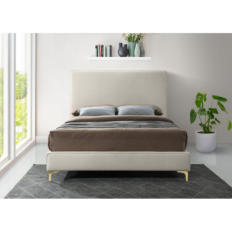 Upholstered Platform Bed, King, Cream Velvet