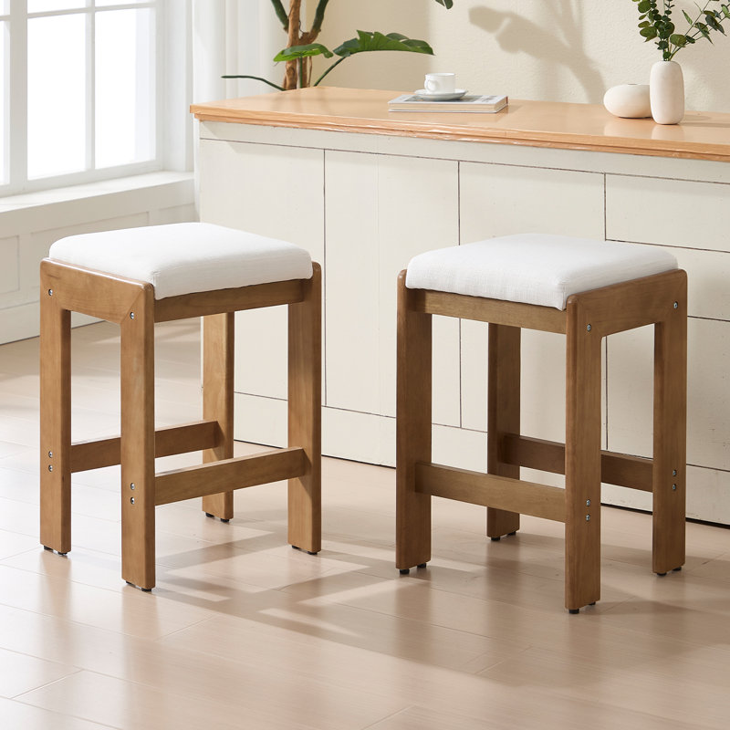 Tabouret de comptoir rembourré H 27 po avec structure en bois massif, Beige, Noir, noir, noir, noir