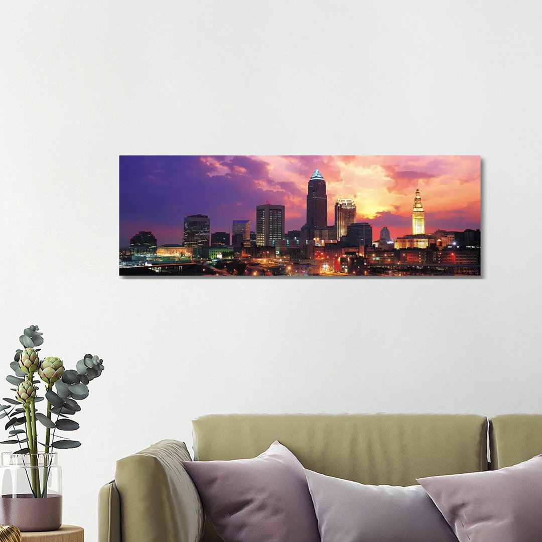 Cleveland Skyline Cityscape (Sunset) - Wrapped Canvas Panoramic Print