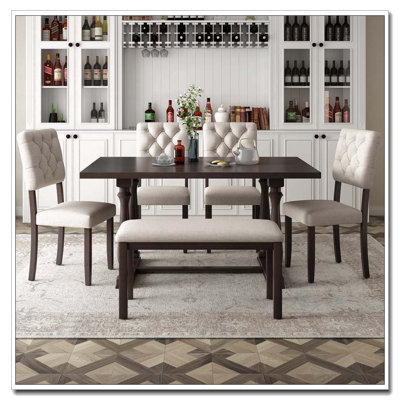 6-Piece Retro Dining Set with Special-Shaped Legs and Tufted Chairs (Espresso)
