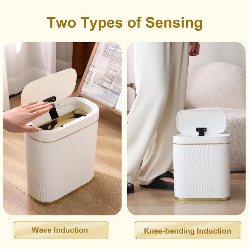 White and Gold Touchless 2 Gallon Plastic Trash Bin