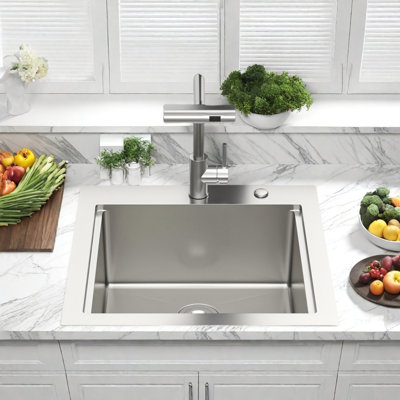 21" Drop-In Kitchen Sink with Waterfall Faucet - 16G Stainless Steel Workstation Sink Set Includes Cutting Board & Drying Rack - Brushed Nickel, Space-Saving Design