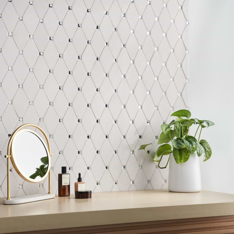 Reflection White Thassos 3X5 Diamond & Mirror Polished Marble & Glass Mosaic Tile