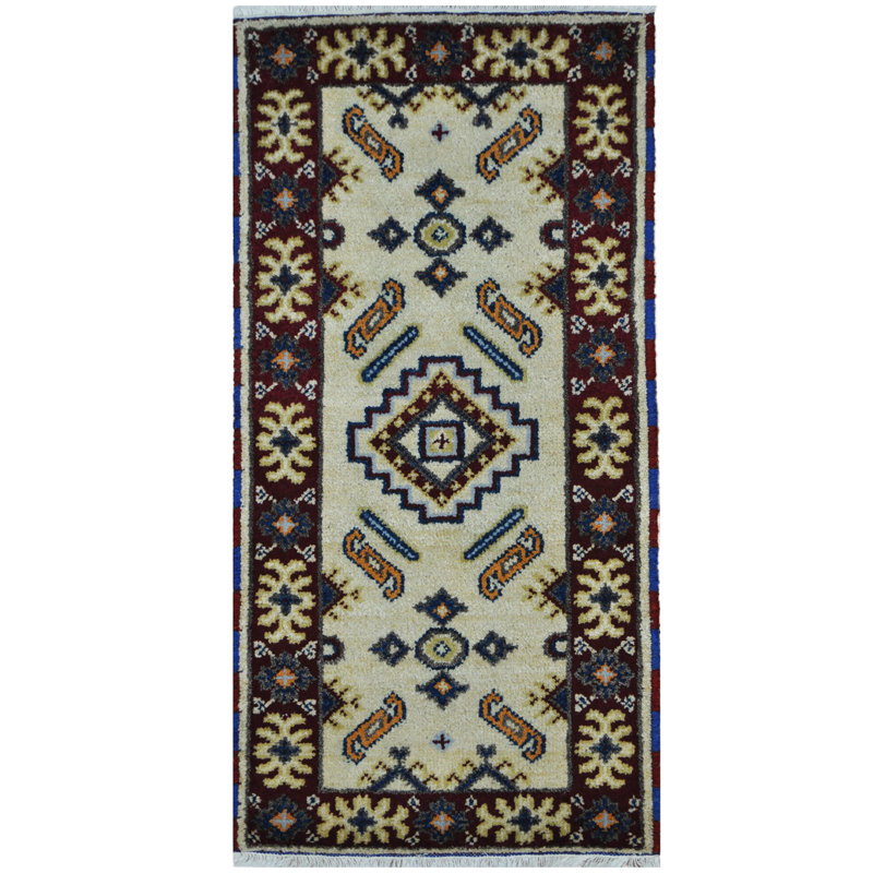Tapis zone ivoire en laine 2 pi x 4 po one-of-kind à main noué la kazak