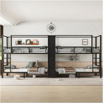 Queen Size Quadruple Metal Bunk Bed,Quadruple Metal Bunk Bed With Built-In Storage Shelves & Wardrobe,Sturdy Metal Frame With Noise-Reduced Design,Black