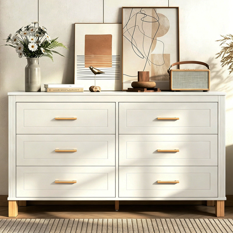 Commode double 6 tiroirs en bois robuste, Blanc