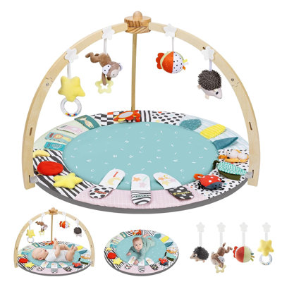 Baby Play Gym,6 Developmental Zones Tummy Time Mat, Wooden Baby Play Gym Mat With 7 Detachable Sensory Toys For Newborn Brain Development, Essential Baby Shower Set,Pink