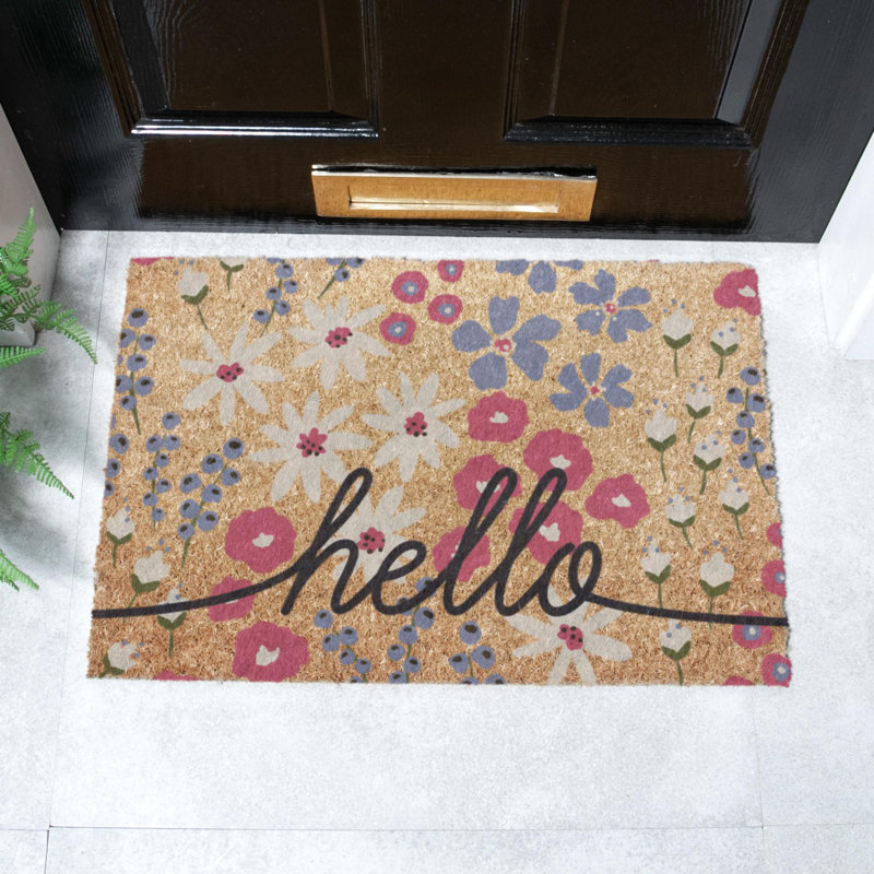 Hello Scribbly Floral Coir Doormat, Brown, 40cm W x 60cm L