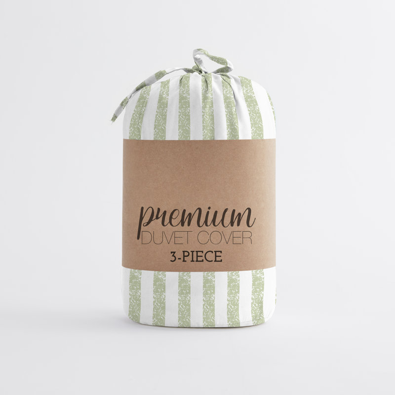 Sage and White Striped Queen Microfiber Duvet Cover Set